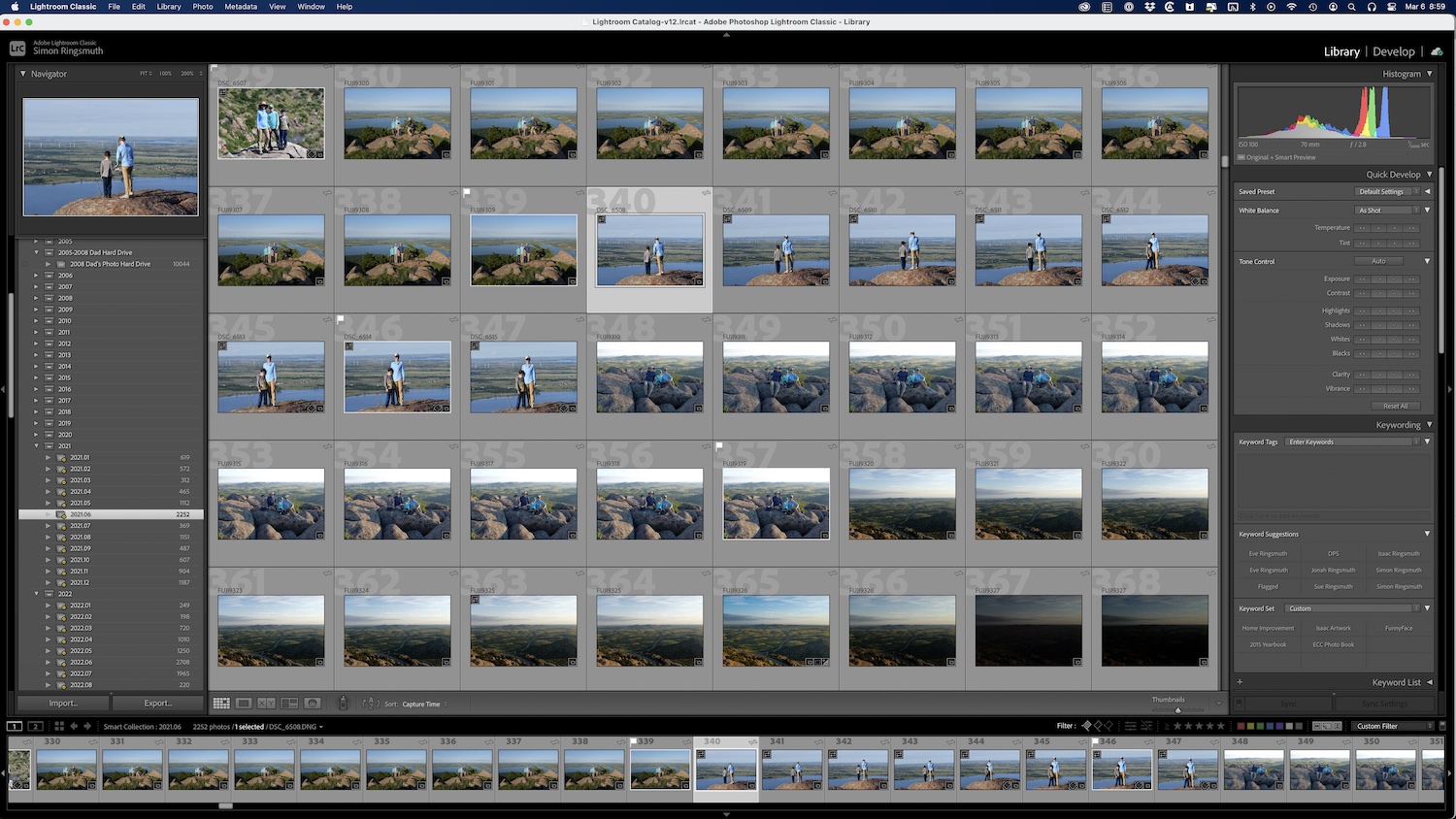 Non-Destructive RAW Editing in Affinity Photo: Screenshot of the Library module in Adobe Lightroom Classic with dozens of thumbnails.
